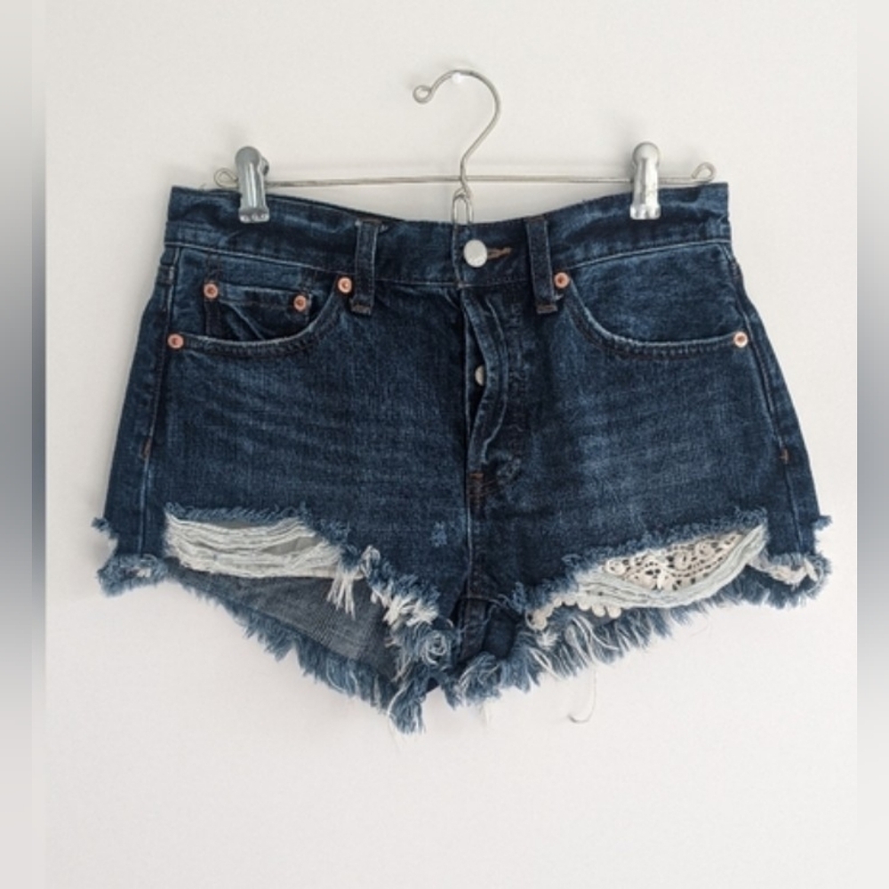 Free People Mid Rise Jean Shorts Crochet Detail
